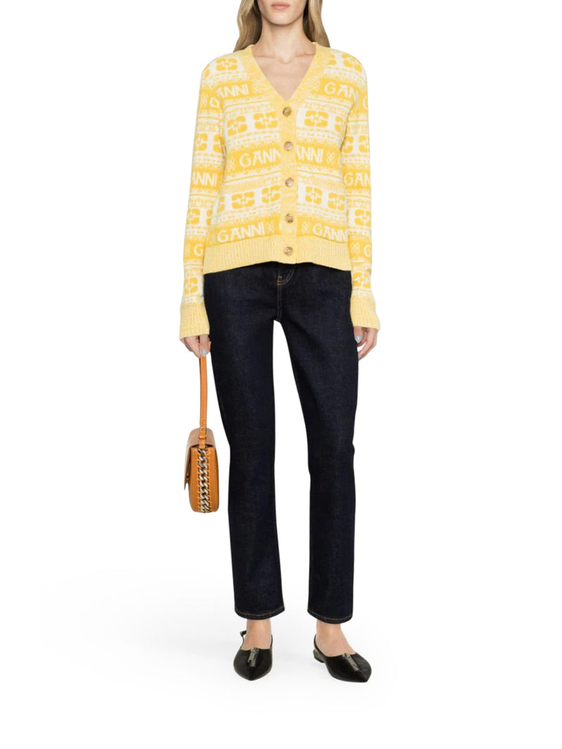 가니 / 여성 로고 울 V넥 가디건 옐로우 K1901 342 STK - GANNI