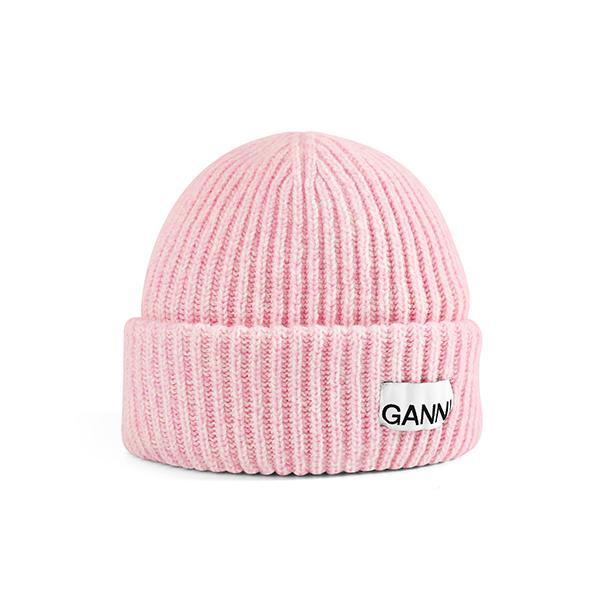 25FW 가니 로고 패치 리브드 울 비니 핑크 MRK