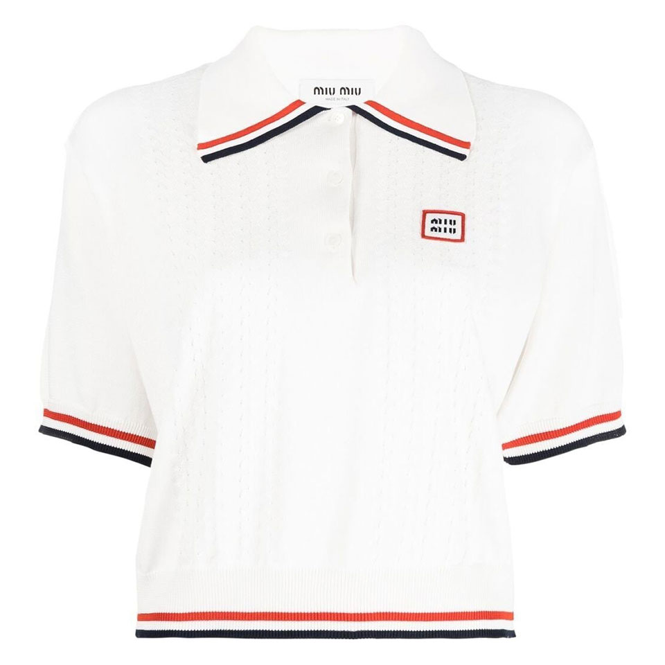  미우미우 / 여성 퍼포레이트 반소매 폴로 셔츠 화이트 MML676 110B F0009 STK