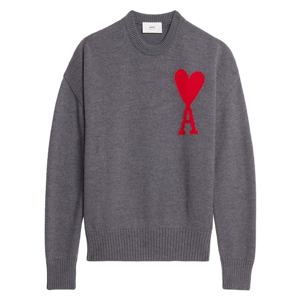 아미 / 남성 레드 하트로고 크루넥 울 스웨터 헤더그레이 UKS002018 084 STK