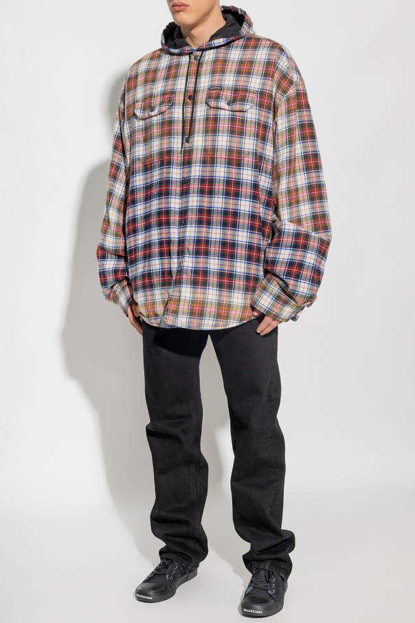 발렌시아가 / 남성 블리치드 체크 후디드 긴팔 셔츠 화이트/레드 699223 TMM05 9783 STK - BALENCIAGA