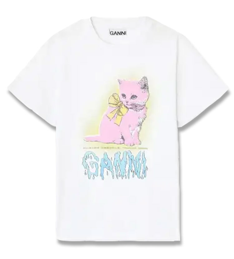 25FW 가니 여성 베이직 코튼 저지 네온 키티 티셔츠 브라이트 화이트 T4339-151