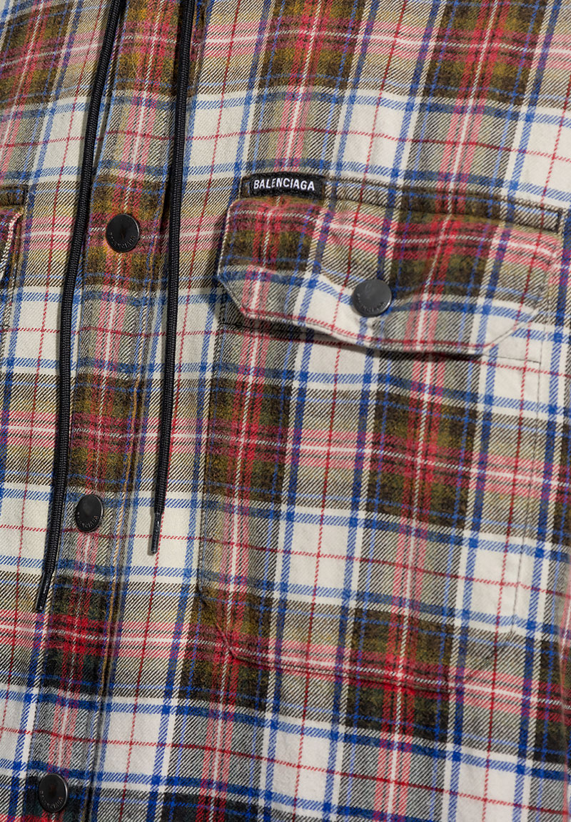 발렌시아가 / 남성 블리치드 체크 후디드 긴팔 셔츠 화이트/레드 699223 TMM05 9783 STK - BALENCIAGA