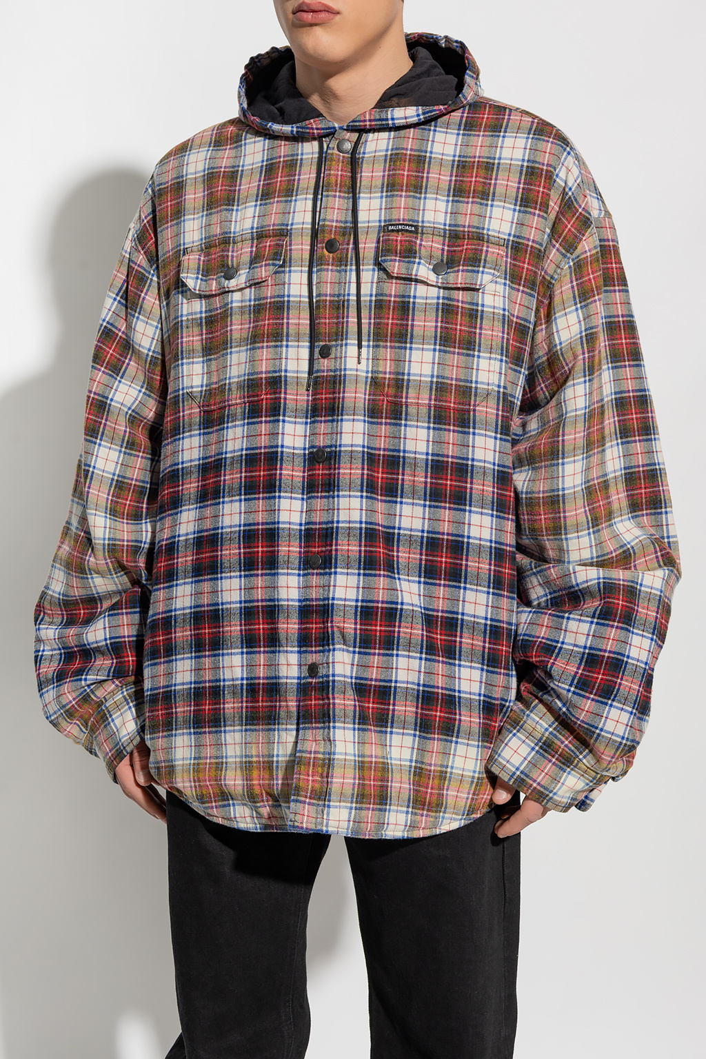 발렌시아가 / 남성 블리치드 체크 후디드 긴팔 셔츠 화이트/레드 699223 TMM05 9783 STK - BALENCIAGA