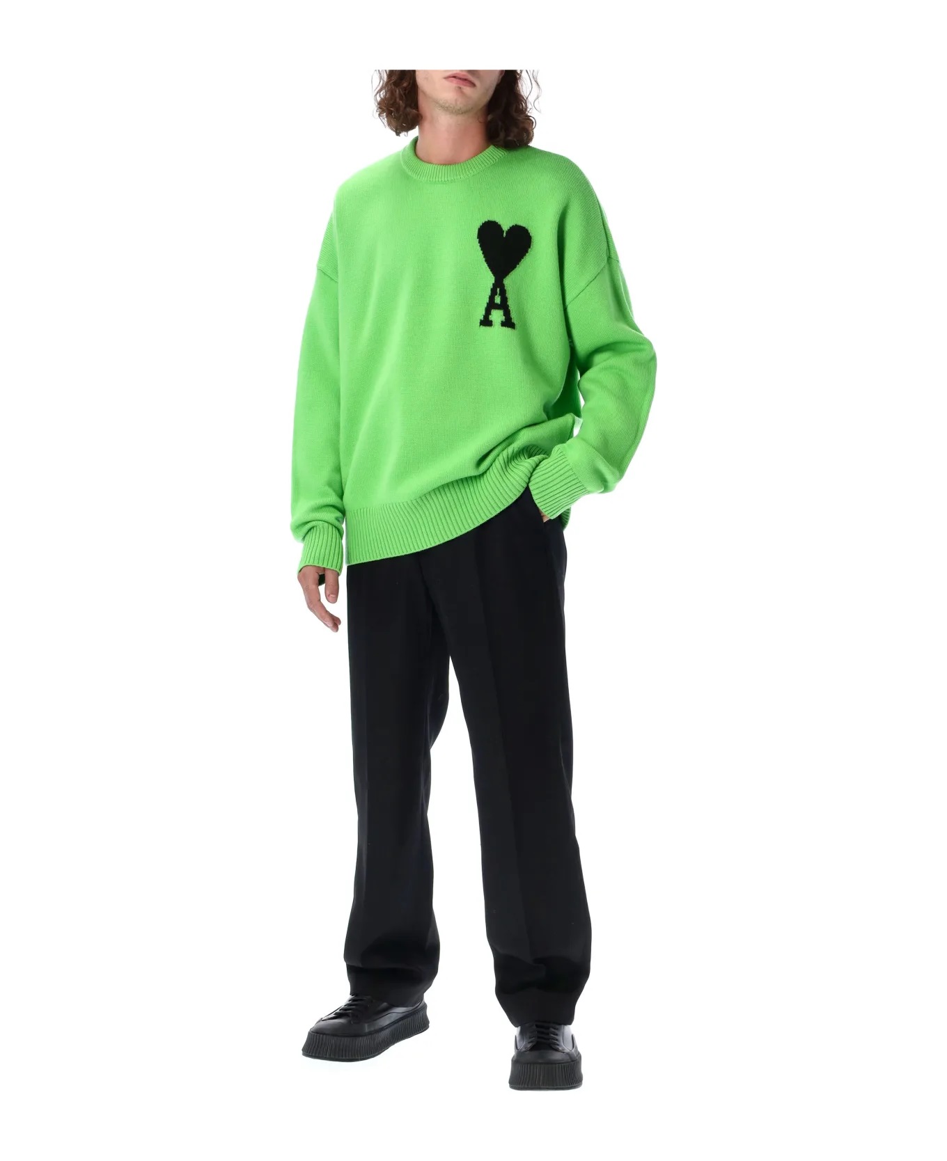 아미 / 남성 하트 인타르시아 울 니트 네온 느와르 UKS002018 324 STK - AMI