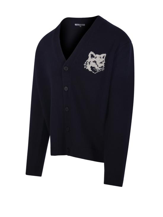 26FW 메종키츠네 폭스 헤드 인타르시아 메리노 가디건 PM00509KM0329 0630 NAVY LIGHT GREY MELANGE - MAISON KITSUNE