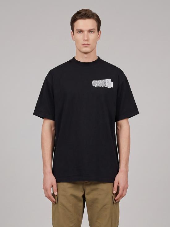 26FW 발렌시아가 실버 테이프 백 오버사이즈 티셔츠 850345 BLACK