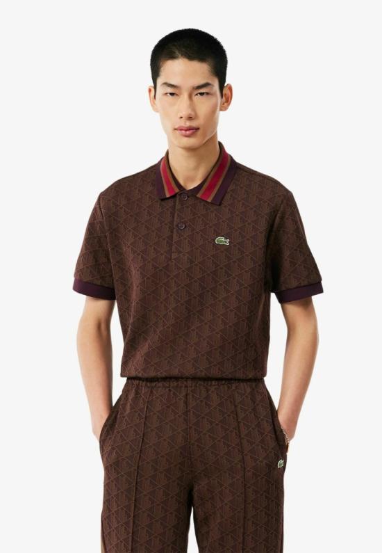 26FW 라코스테 스트라이프 칼라 모노그램 자카드 폴로 티셔츠 DH1417WD9 Brown - LACOSTE