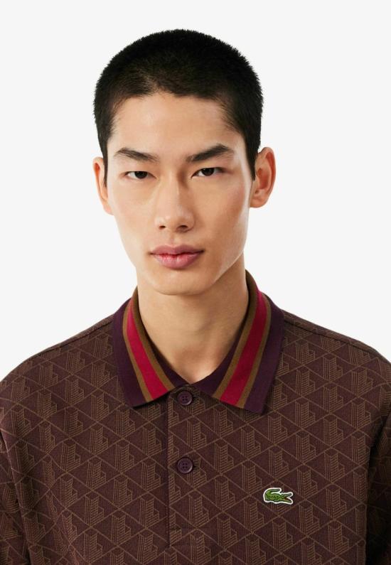 26FW 라코스테 스트라이프 칼라 모노그램 자카드 폴로 티셔츠 DH1417WD9 Brown - LACOSTE