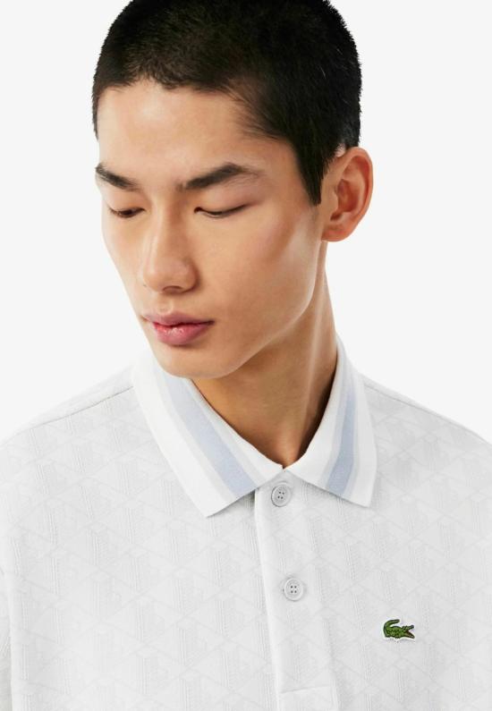 26FW 라코스테 스트라이프 칼라 모노그램 자카드 폴로 티셔츠 DH14174IW White - LACOSTE