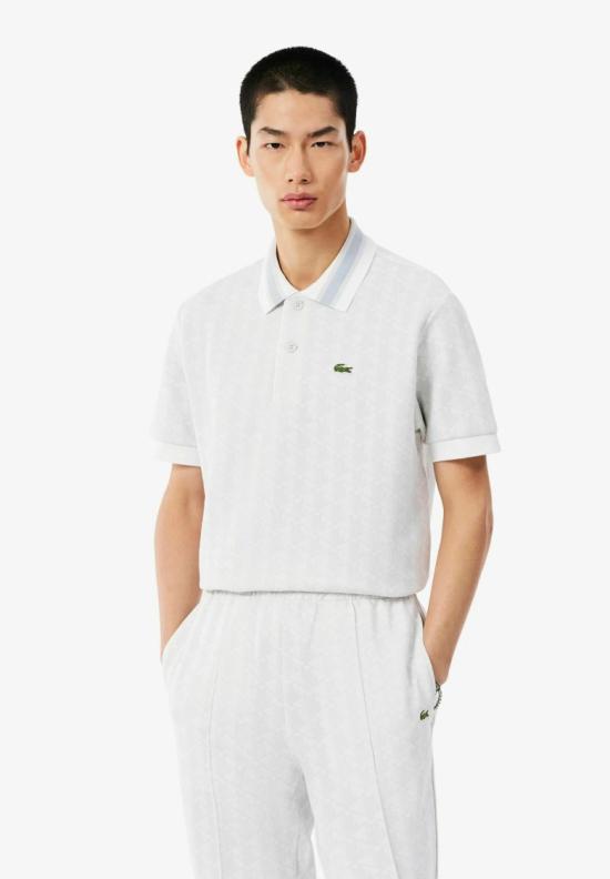 26FW 라코스테 스트라이프 칼라 모노그램 자카드 폴로 티셔츠 DH14174IW White - LACOSTE