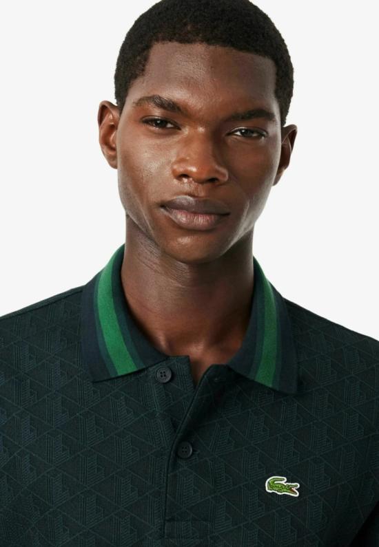 26FW 라코스테 스트라이프 칼라 모노그램 자카드 폴로 티셔츠 DH1417SPU Green - LACOSTE