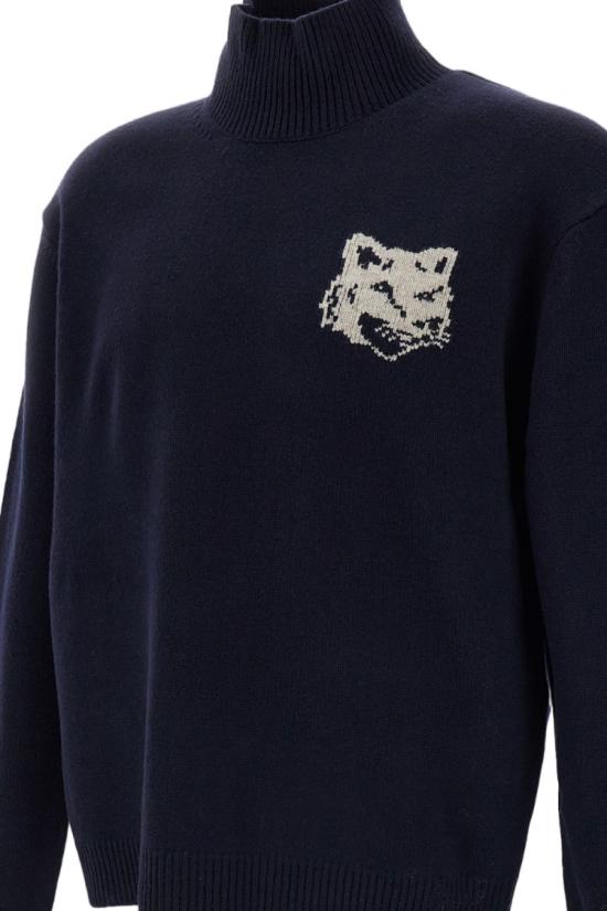 26FW 메종키츠네 폭스 헤드 인타르시아 컴포트 하이 넥 니트 NM00807KM03290630 Blue - MAISON KITSUNE