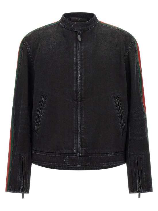 26FW 구찌 GG 자카드 레더 트림 코튼 데님 자켓 872075XDDHQ1000 Black