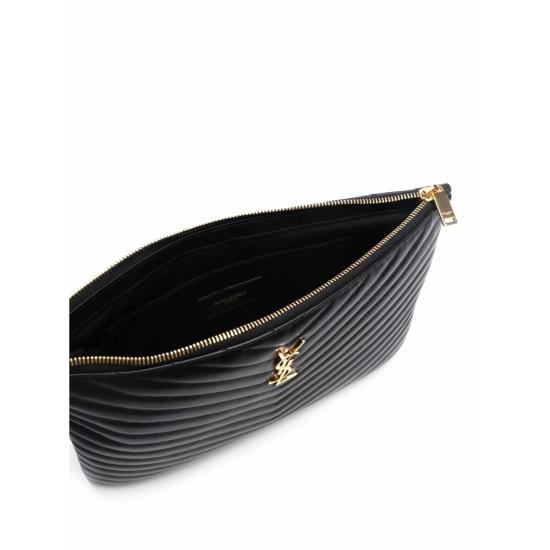 26FW 생로랑 퀼티드 레더 골드 모노그램 카산드라 마틀라세 태블릿 파우치 559193 CWU01 1000 BLACK - SAINT LAURENT