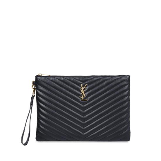 26FW 생로랑 퀼티드 레더 골드 모노그램 카산드라 마틀라세 태블릿 파우치 559193 CWU01 1000 BLACK