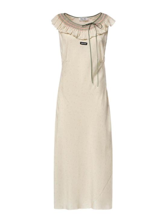 26FW 미우미우 마로케인 자수 크레이프 드레스 MF643319UVF0N6K BEIGE