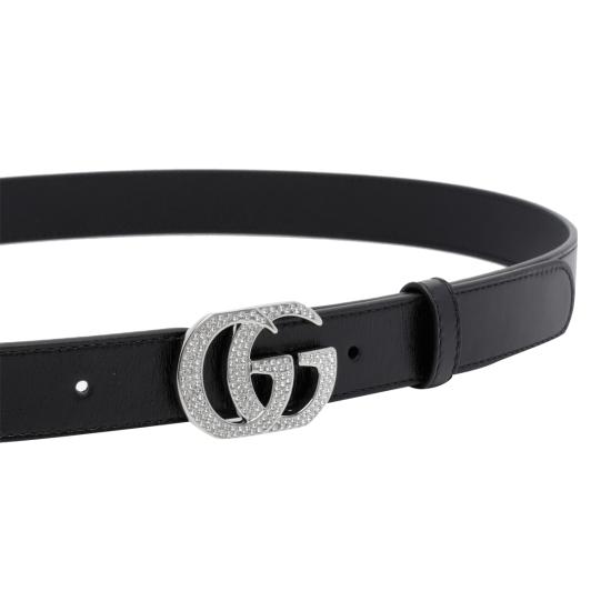 26FW 구찌 더블 G 크리스탈 버클 가죽 벨트 A006LF AAHEB1073 BLACK - GUCCI