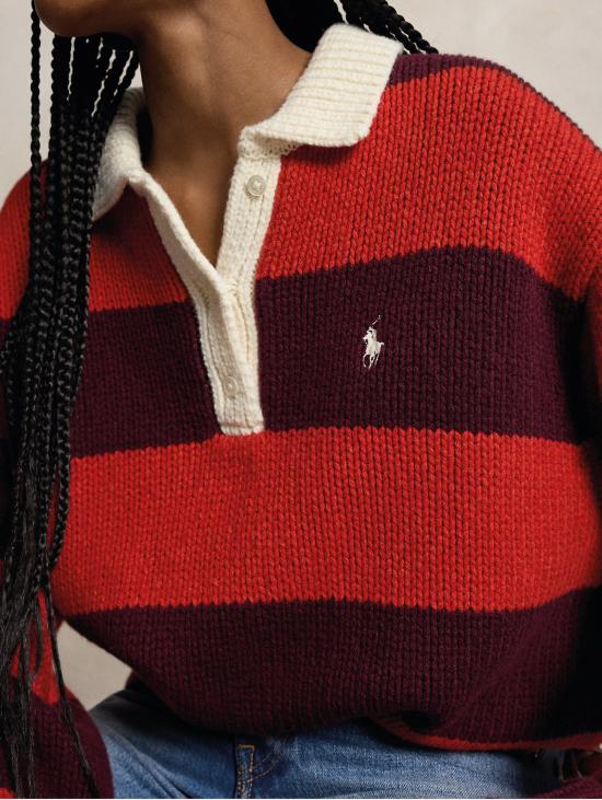 26FW 랄프 로렌 폴로 티셔츠 Maglione Stile Polo Da Rugby a Righe Rosso - RALPH LAUREN