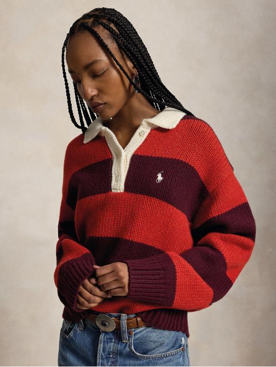 26FW 랄프 로렌 폴로 티셔츠 Maglione Stile Polo Da Rugby a Righe Rosso