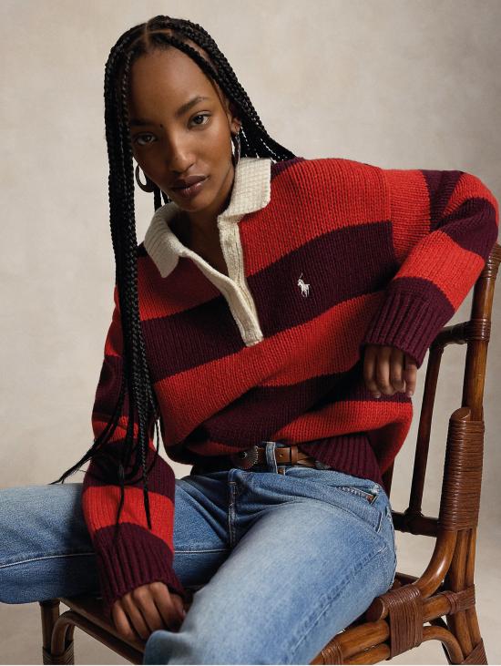 26FW 랄프 로렌 폴로 티셔츠 Maglione Stile Polo Da Rugby a Righe Rosso - RALPH LAUREN