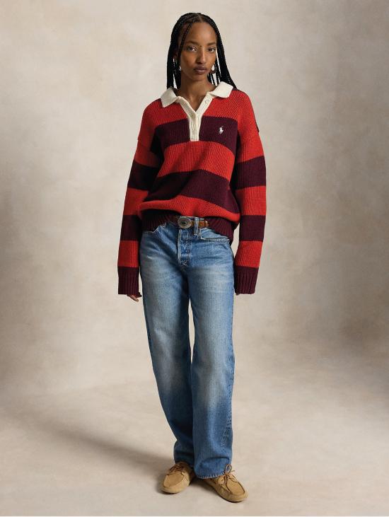 26FW 랄프 로렌 폴로 티셔츠 Maglione Stile Polo Da Rugby a Righe Rosso - RALPH LAUREN