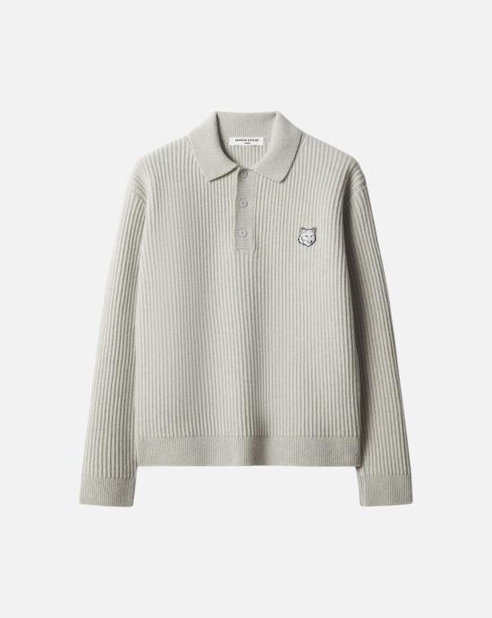 26FW 메종키츠네 폭스 헤드 울 립드 폴로 티셔츠 PM00213KT1149 H120 LIGHT GREY MELANGE DOM