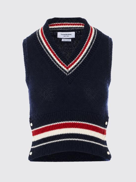 26FW 톰브라운 도니골 RWB 스트라이프 헥터 포인텔 베스트 FKV233AY1506 415 Navy - THOM BROWNE