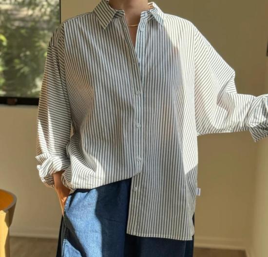  르 본 숍 탑 르봉숍 스트라이프 경량 오웬 셔츠 데님 스트라이프 (화이트) - LE BON SHOPPE