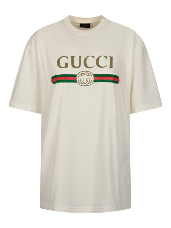 26FW 구찌 로고 프린트 코튼 저지 실크 티셔츠 865015 XJHUF9280 OFF WHITE MC - GUCCI