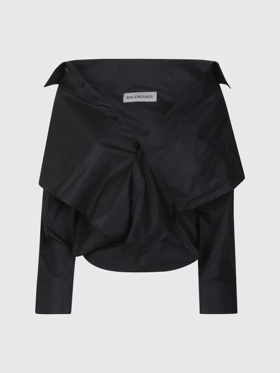 26FW 발렌시아가 오프숄더 크롭 셔츠 872123TUM20 1000 Black - BALENCIAGA