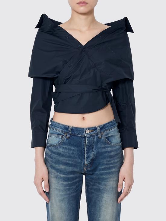 26FW 발렌시아가 오프숄더 크롭 셔츠 872123TUM20 1000 Black