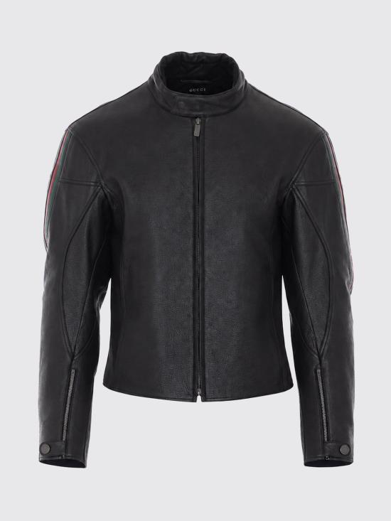 26FW 구찌 웹 디테일 레더 바이커 자켓 874158XNBDW 1060 Black - GUCCI