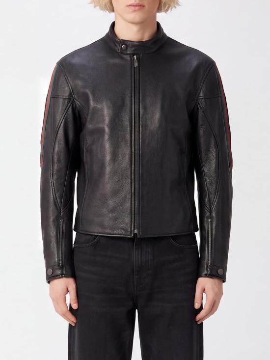 26FW 구찌 웹 디테일 레더 바이커 자켓 874158XNBDW 1060 Black