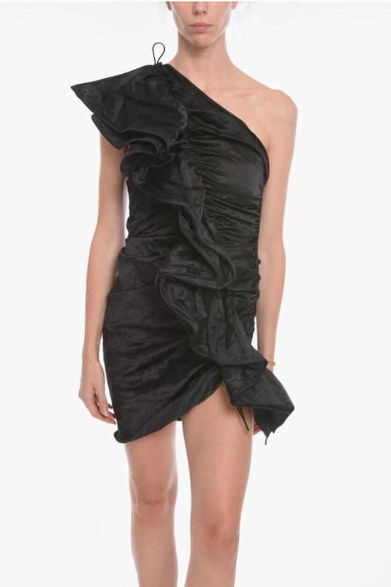  보테가베네타  원숄더 새틴 러플 원피스 드레스  701719 V1XW0 1000 Black - BOTTEGA VENETA