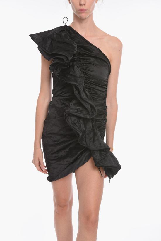  보테가베네타  원숄더 새틴 러플 원피스 드레스 701719 V1XW0 1000 Black - BOTTEGA VENETA
