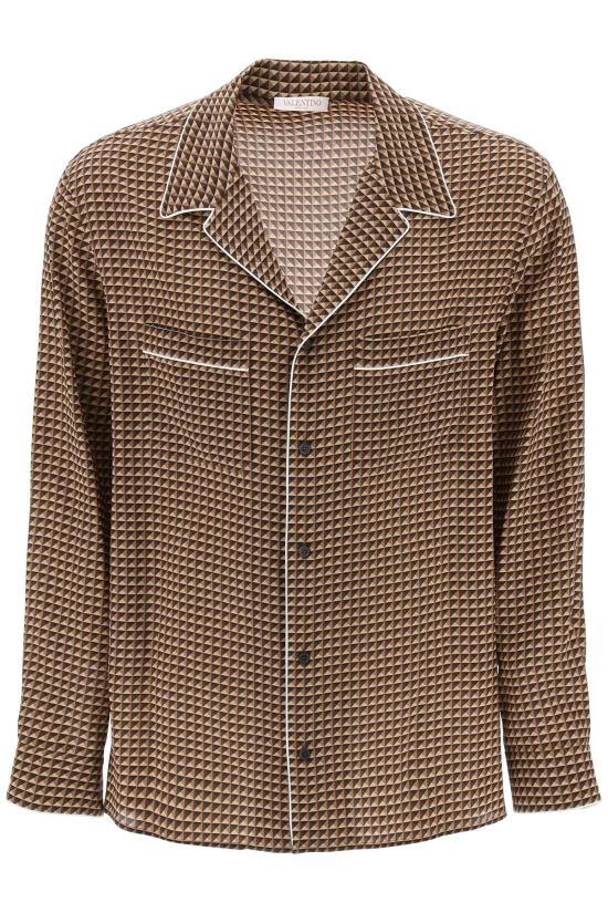  발렌티노 가라바니 / 남성 미니 스터드 프린트 실크 파자마 긴팔 긴팔 셔츠 1V3ABD068KP BROWN BPG