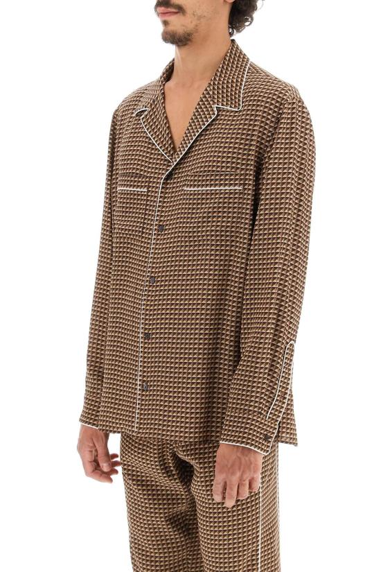  발렌티노 가라바니 / 남성 미니 스터드 프린트 실크 파자마 긴팔 긴팔 셔츠 1V3ABD068KP BROWN BPG - VALENTINO GARAVANI