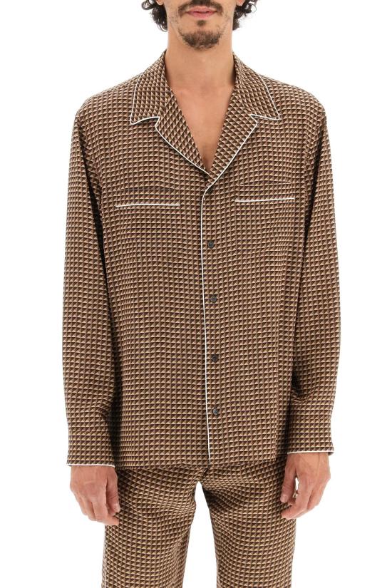 발렌티노 가라바니 / 남성 미니 스터드 프린트 실크 파자마 긴팔 긴팔 셔츠 1V3ABD068KP BROWN BPG - VALENTINO GARAVANI