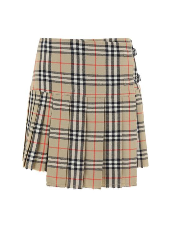 25SS 버버리 빈티지 체크 비대칭 플리츠 울 숏 스커트 8025832 A7028 BROWN
