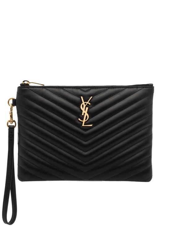 26FW 생로랑 마틀라세 레더 골드 모노그램 A5 파우치 379039CWU01 1000 NERO