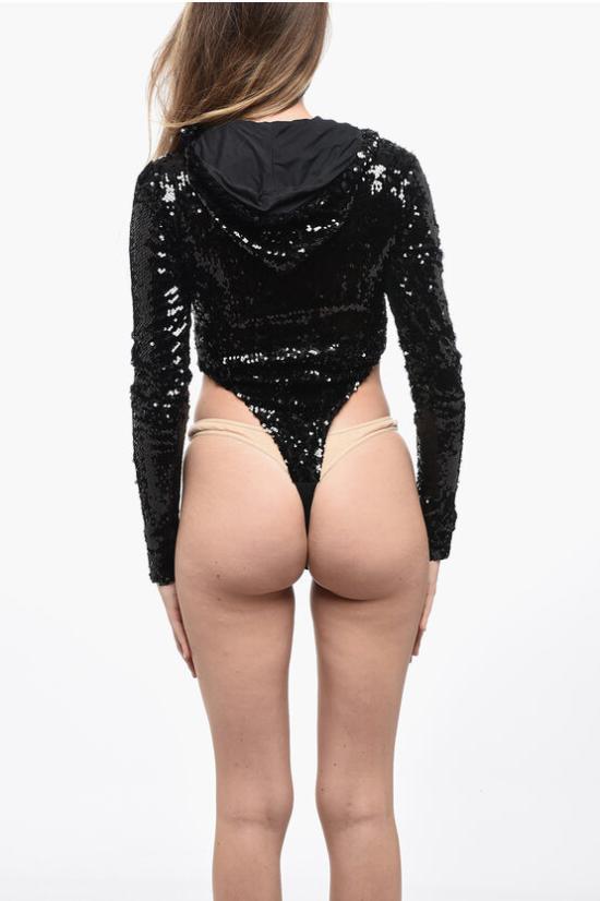  아드리아나 핫 꾸뛰르 바디수트 티셔츠 SEQUIN HOODED BODYSUIT BLACK Black - ADRIANA HOT COUTURE