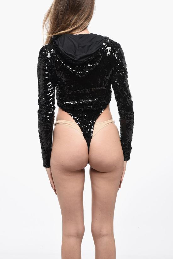  아드리아나 핫 꾸뛰르 바디수트 티셔츠 SEQUIN HOODED BODYSUIT BLACK Black - ADRIANA HOT COUTURE