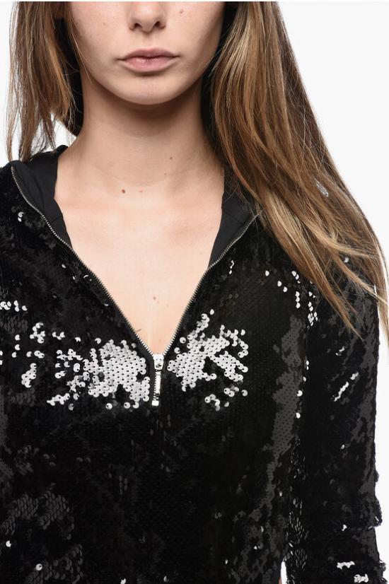  아드리아나 핫 꾸뛰르 바디수트 티셔츠 SEQUIN HOODED BODYSUIT BLACK Black - ADRIANA HOT COUTURE