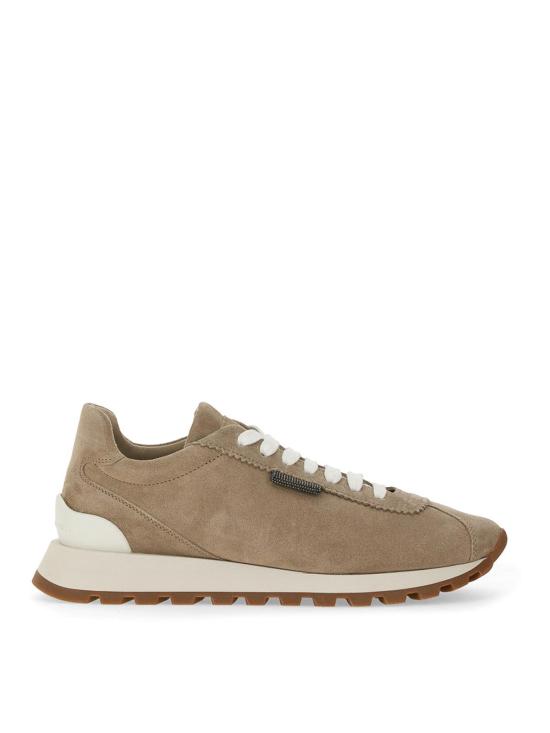 26FW 브루넬로 쿠치넬리 샤이니 탭 디테일 스웨이드 러닝 스니커즈 MZSFG2110PC5859 BEIGE