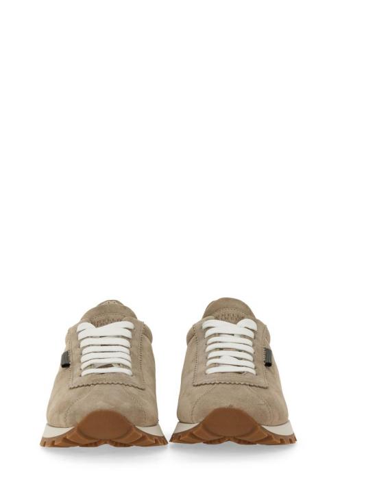 26FW 브루넬로 쿠치넬리 샤이니 탭 디테일 스웨이드 러닝 스니커즈 MZSFG2110PC5859 BEIGE - BRUNELLO CUCINELLI