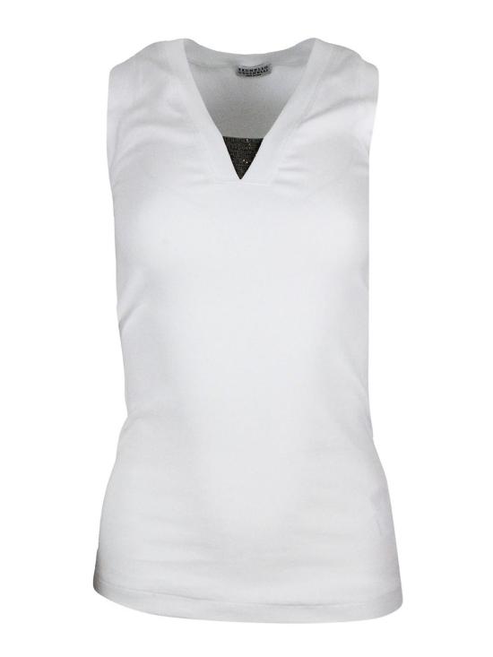 26SS 브루넬로 쿠치넬리 루렉스 디테일 브이넥 코튼탑 M0TC8EL672C159 White