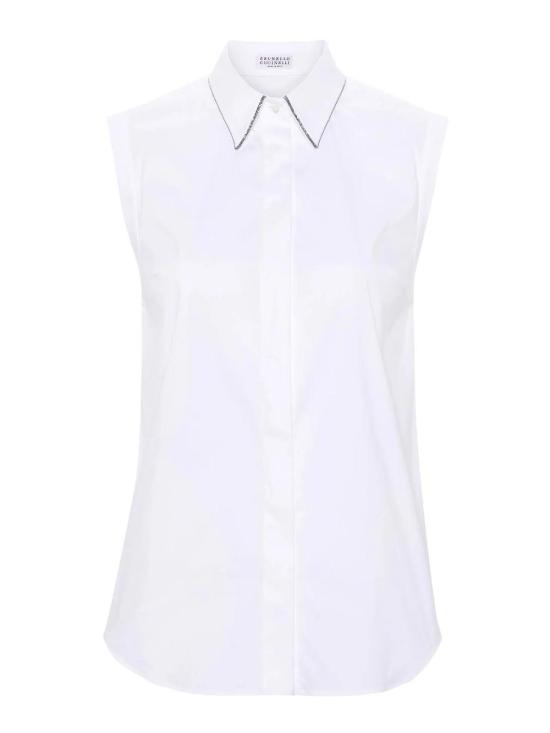 26SS 브루넬로 쿠치넬리 샤이니 트리밍 스트레치 코튼 포플린 슬리브리스 셔츠 M0091MA616C159 White