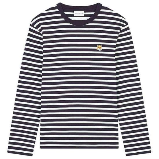  메종키츠네 폭스 헤드 패치 레귤러 마린 티셔츠 LM00105KJ0044 S480 NAVY STRIPES DOM