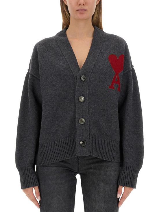  아미 빅하트 로고 가디건 BFUKC006 018 084 HEATHER GREY RED DOM